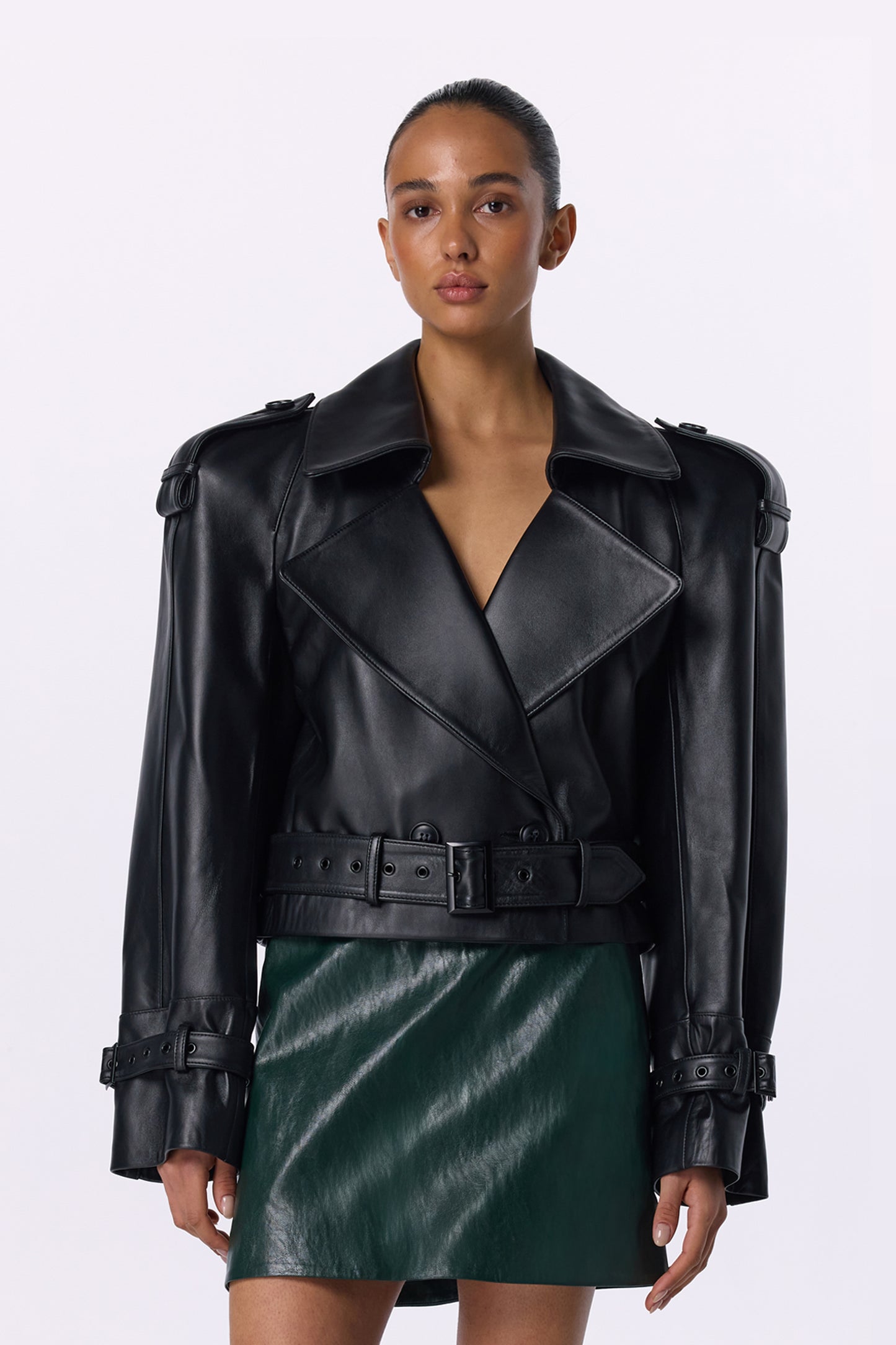 Leather jacket with shoulder pads