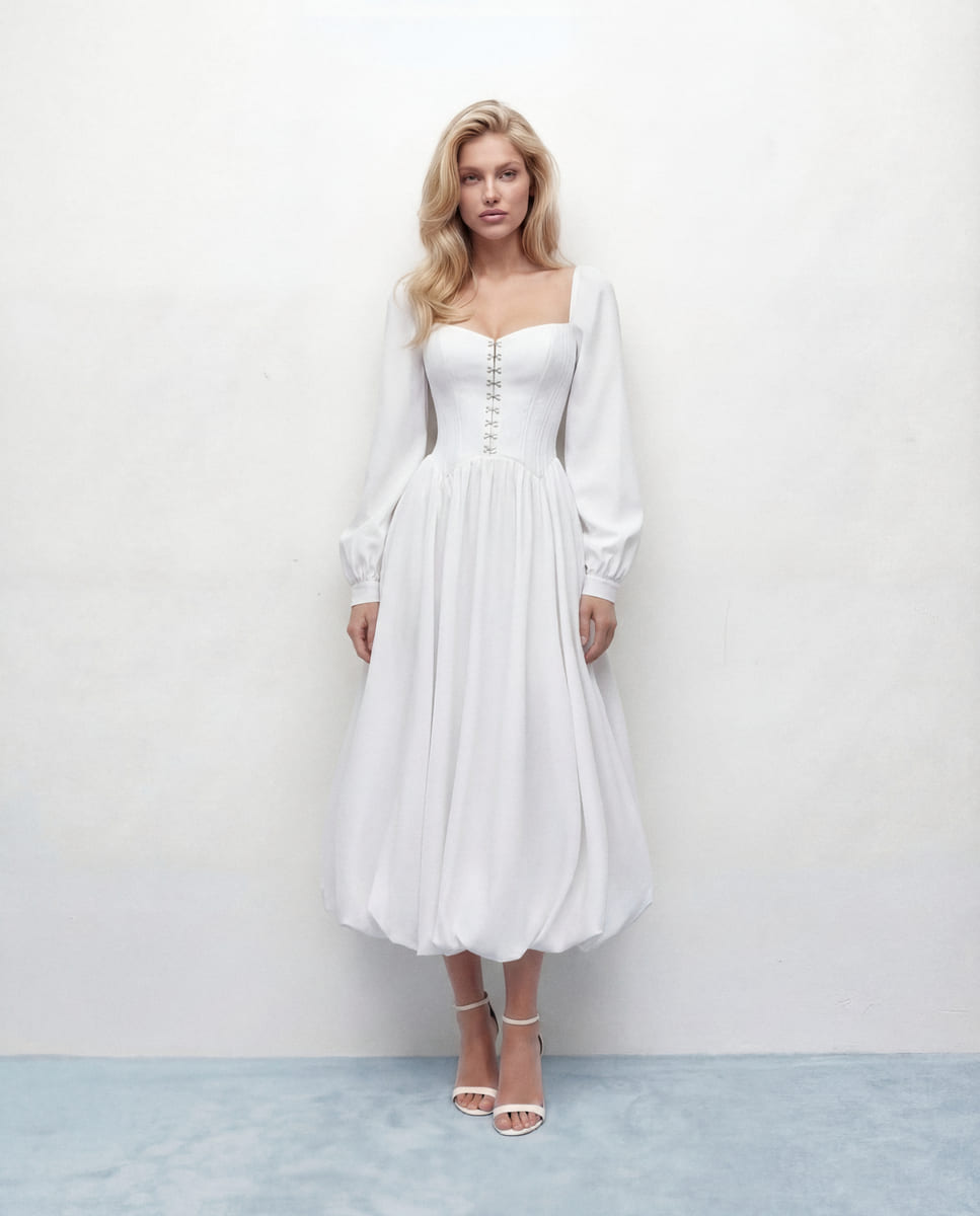 White embroidered midi dress with hooks