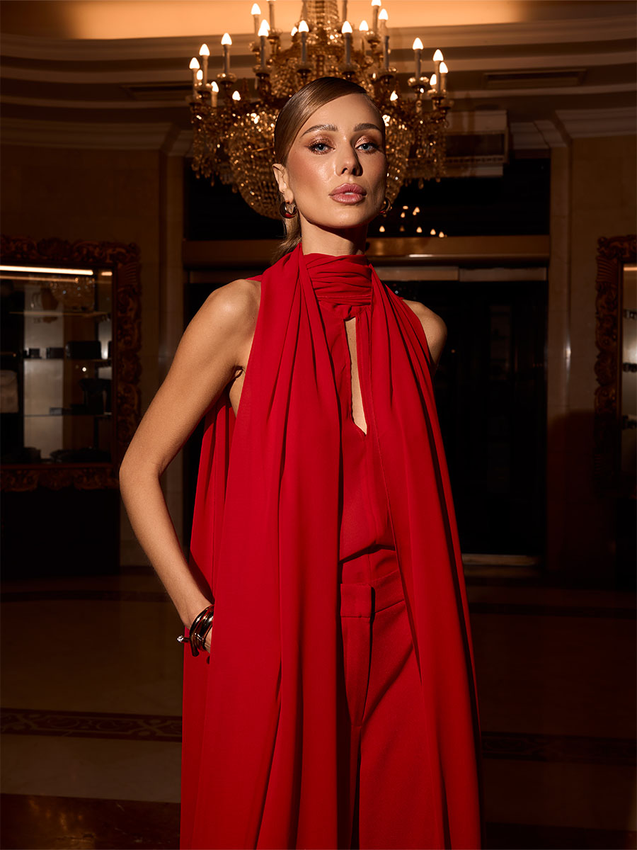 Red top with open back and stoles