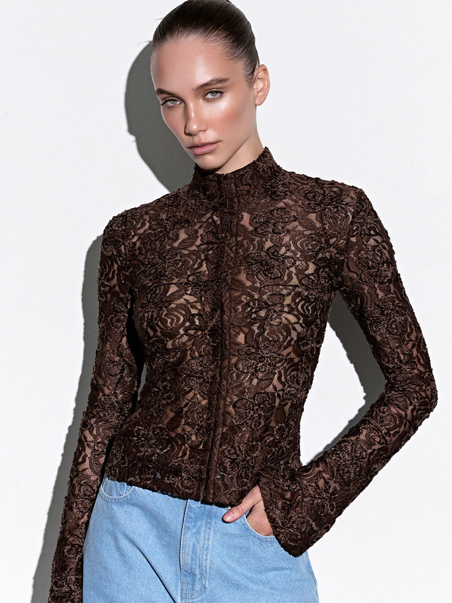 Brown long-sleeved shirt with hook-and-eye fasteners