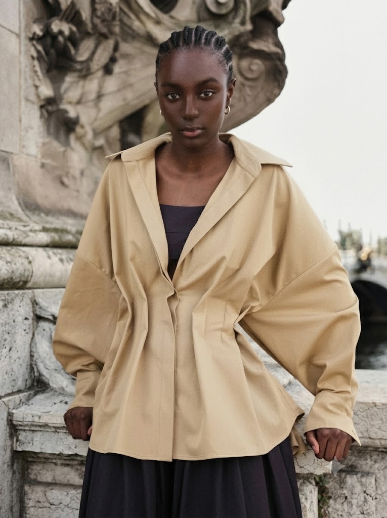 Camel overshot shirt with gathers