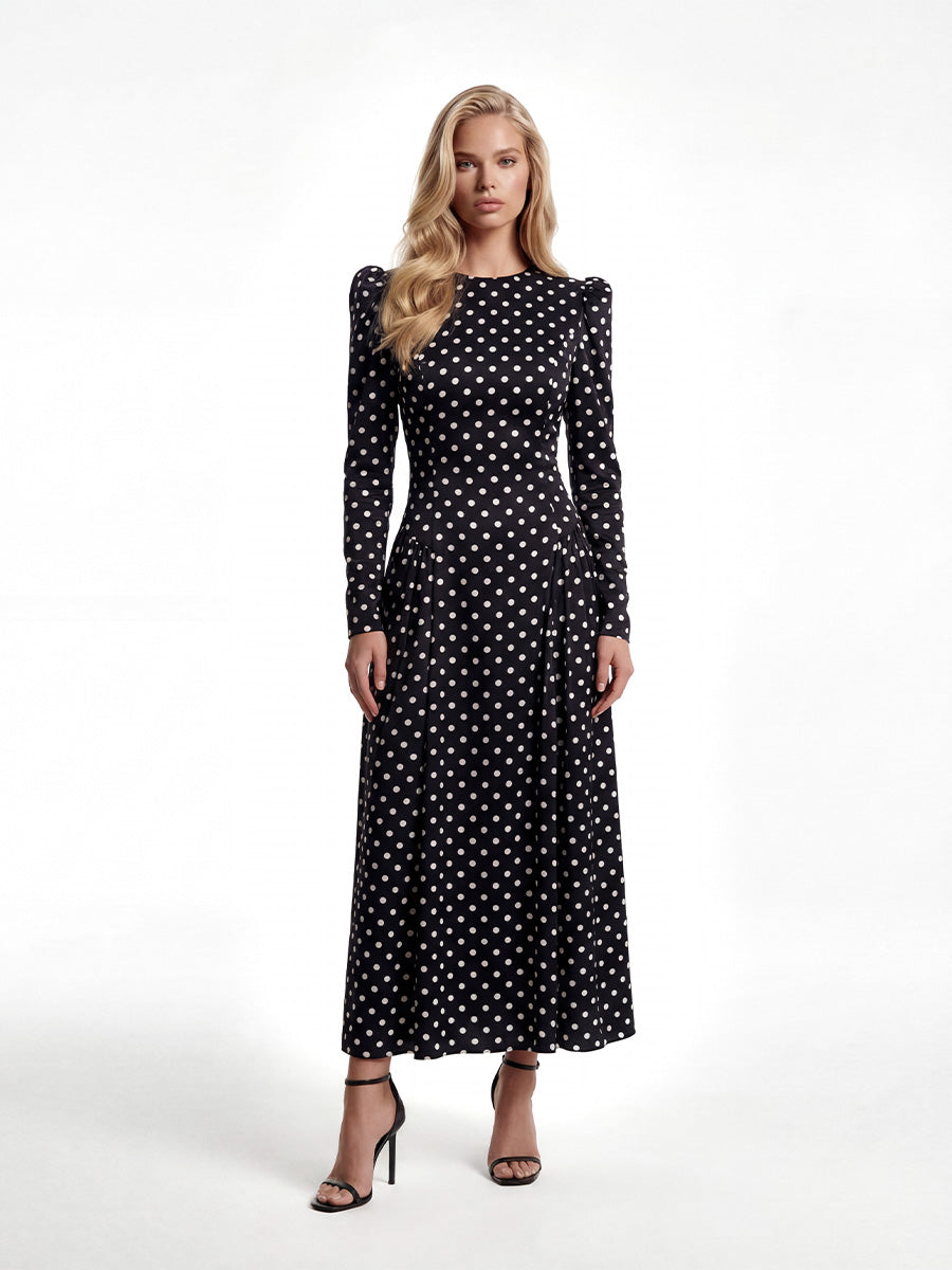 Black polka-dot midi dress with an open back
