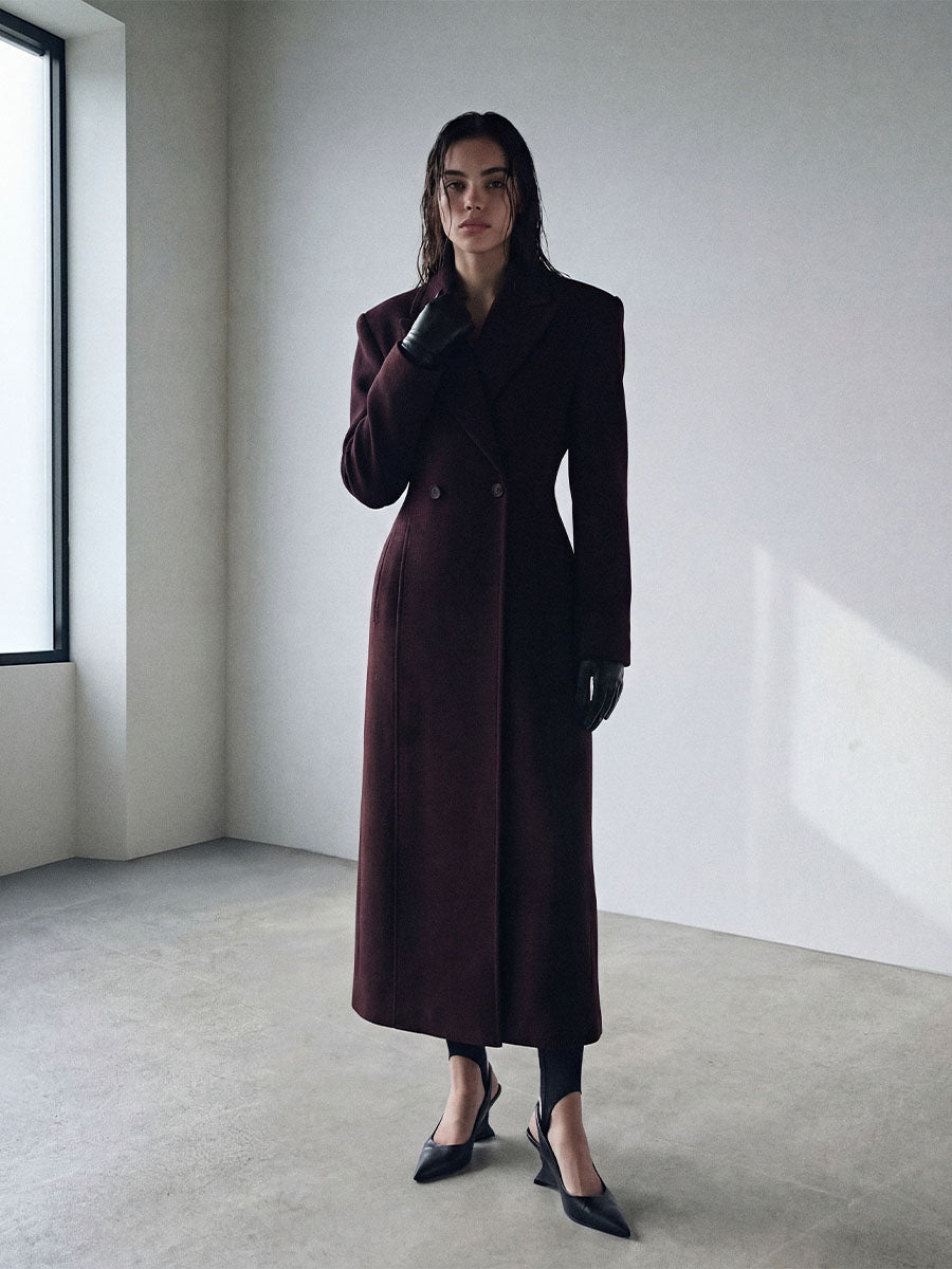 Double-breasted burgundy midi coat