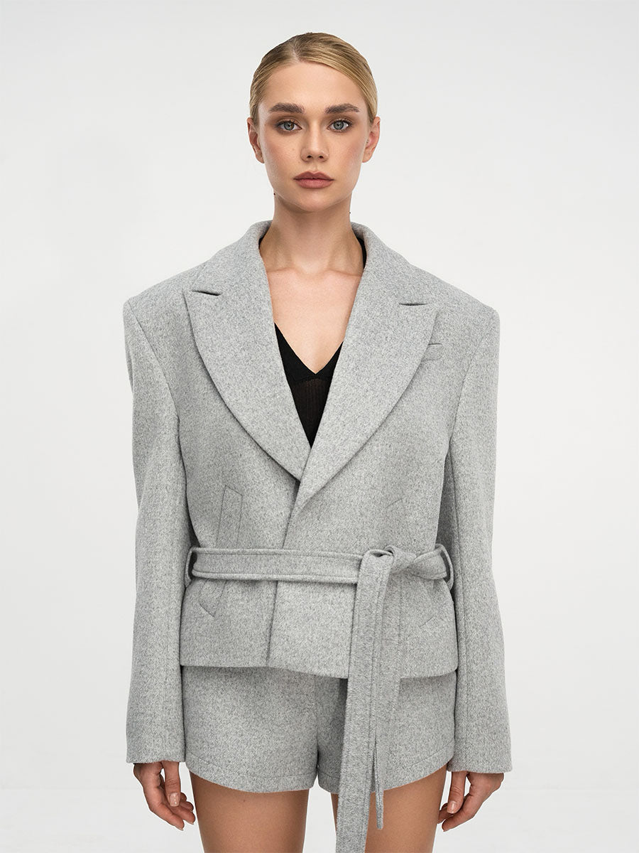 Light grey mini coat with a turn-down collar