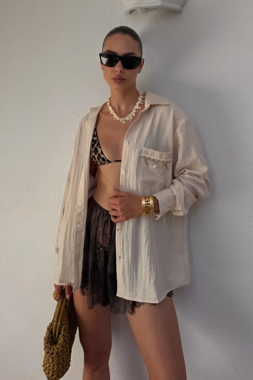 Sand linen shirt with shells