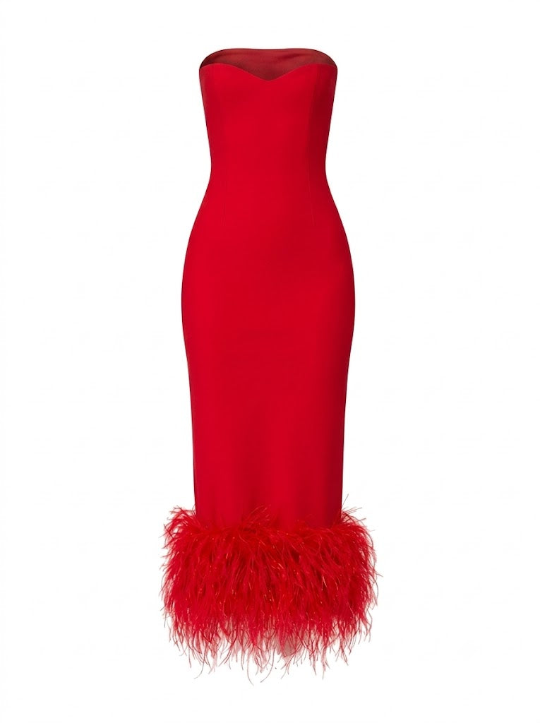 Red textured midi dress with feathers at the hem