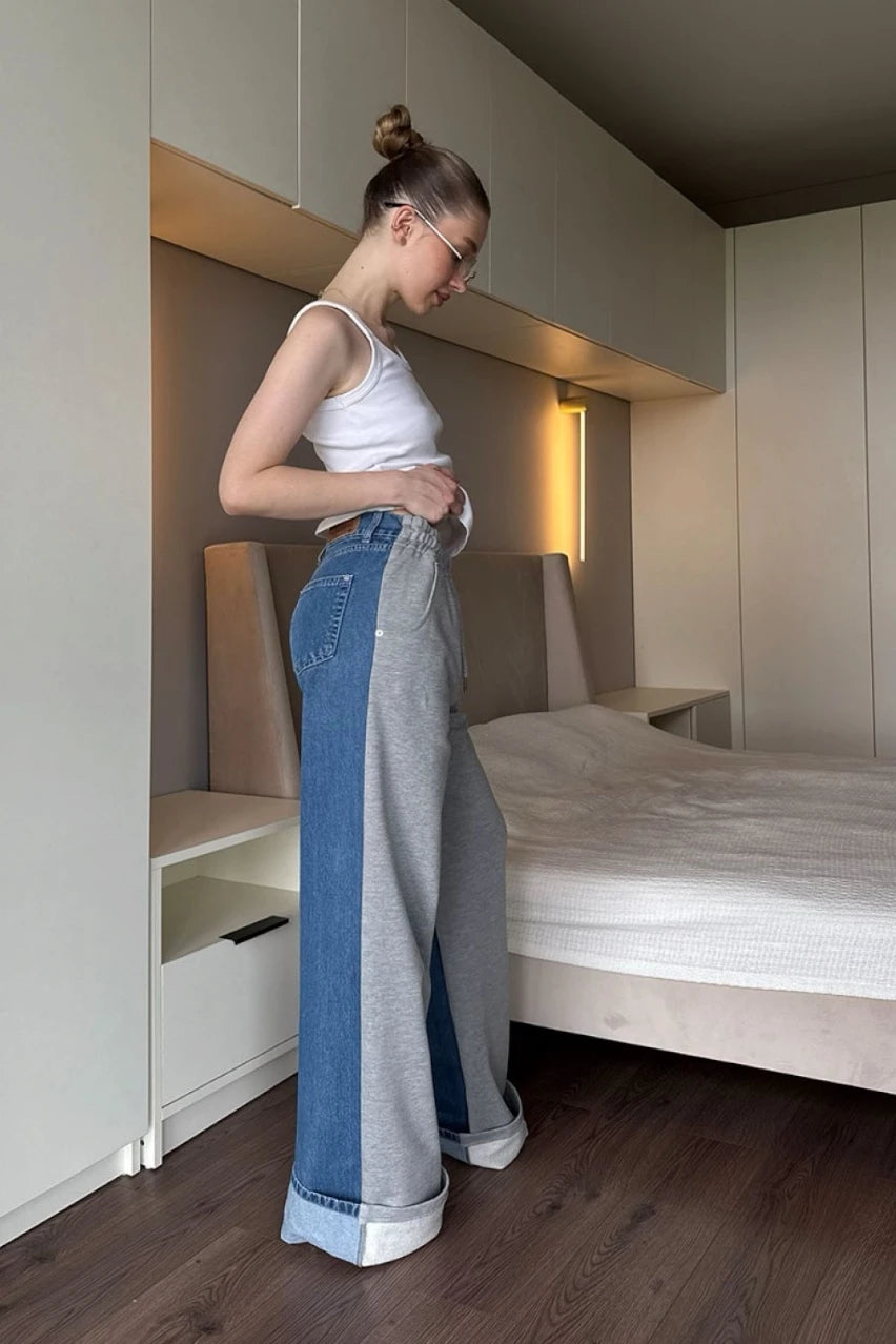 Grey-blue Comfort Denim sweatpants in denim and knit fabric