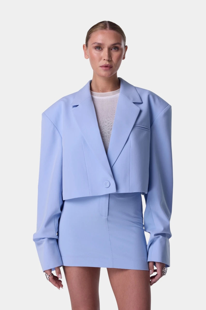 Blue cropped jacket with gathered sleeves
