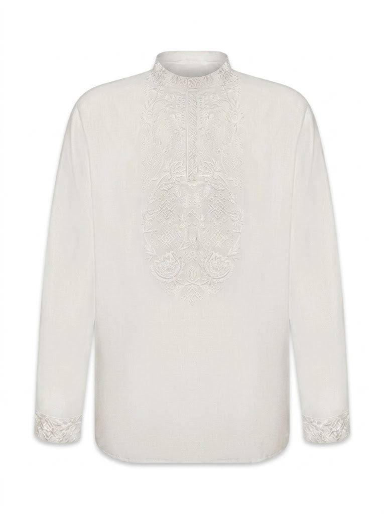 "Marigolds" white shirt with a light-colored pattern