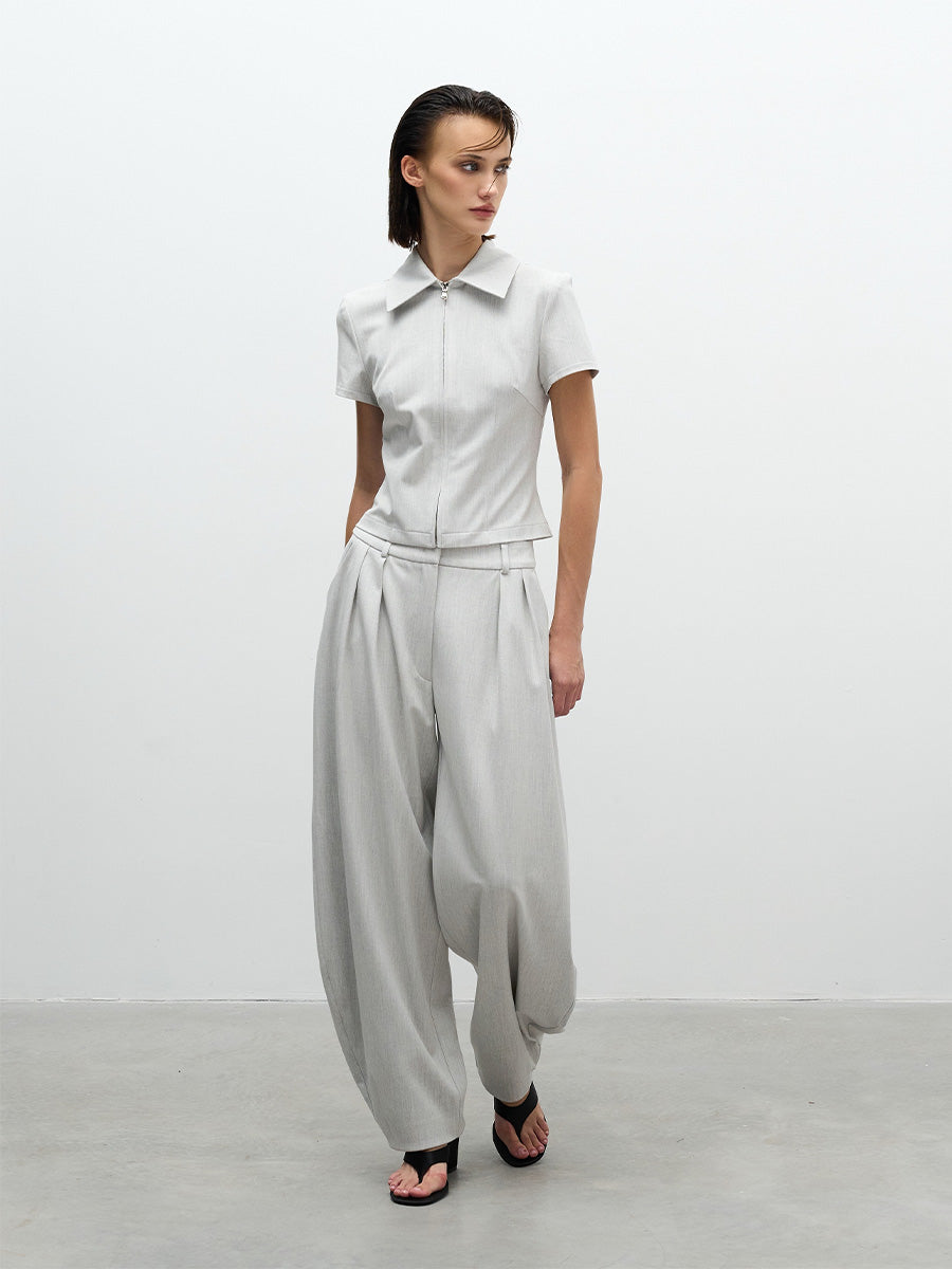 Grey mid-rise pleated banana trousers
