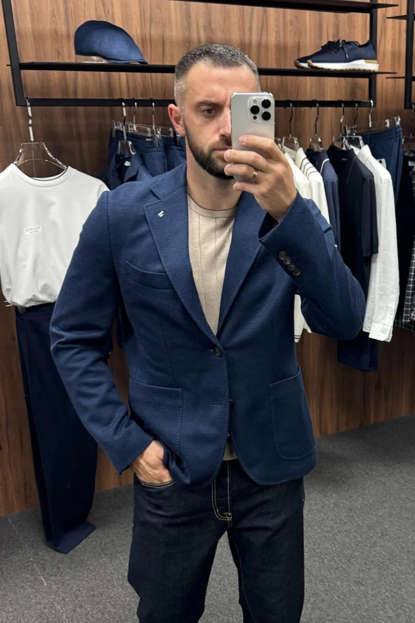 Blue single-breasted cotton jersey blazer