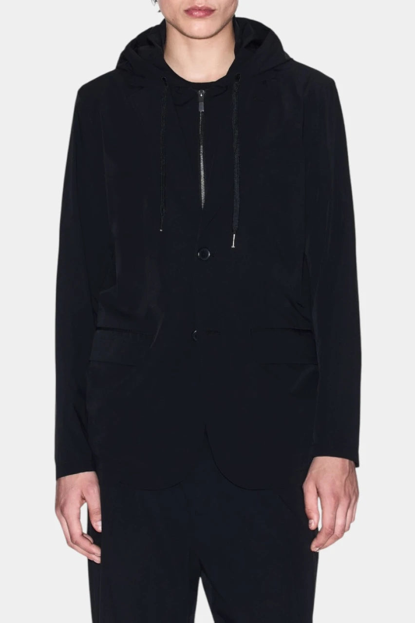 Black casual blazer with a detachable hood