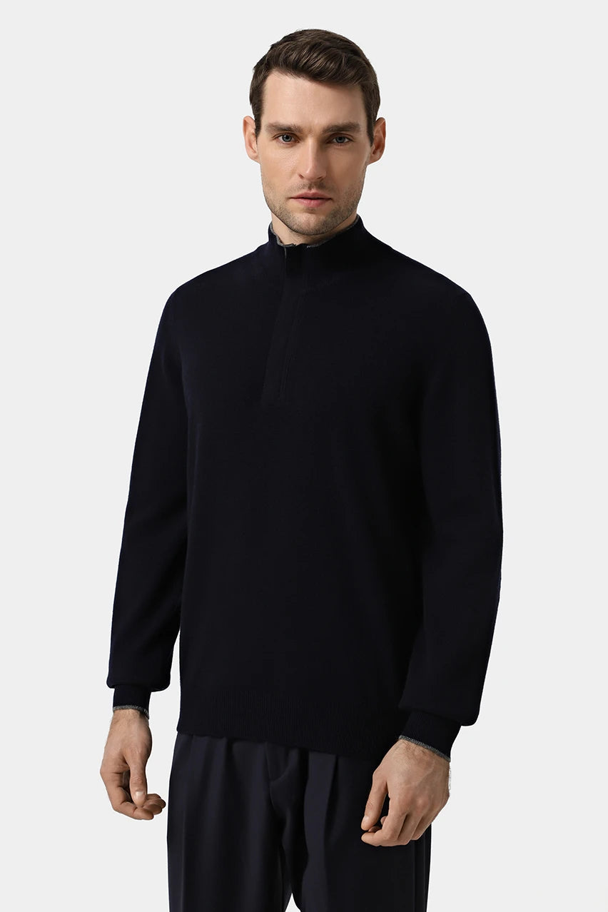 Dark blue wool jumper with accent inserts