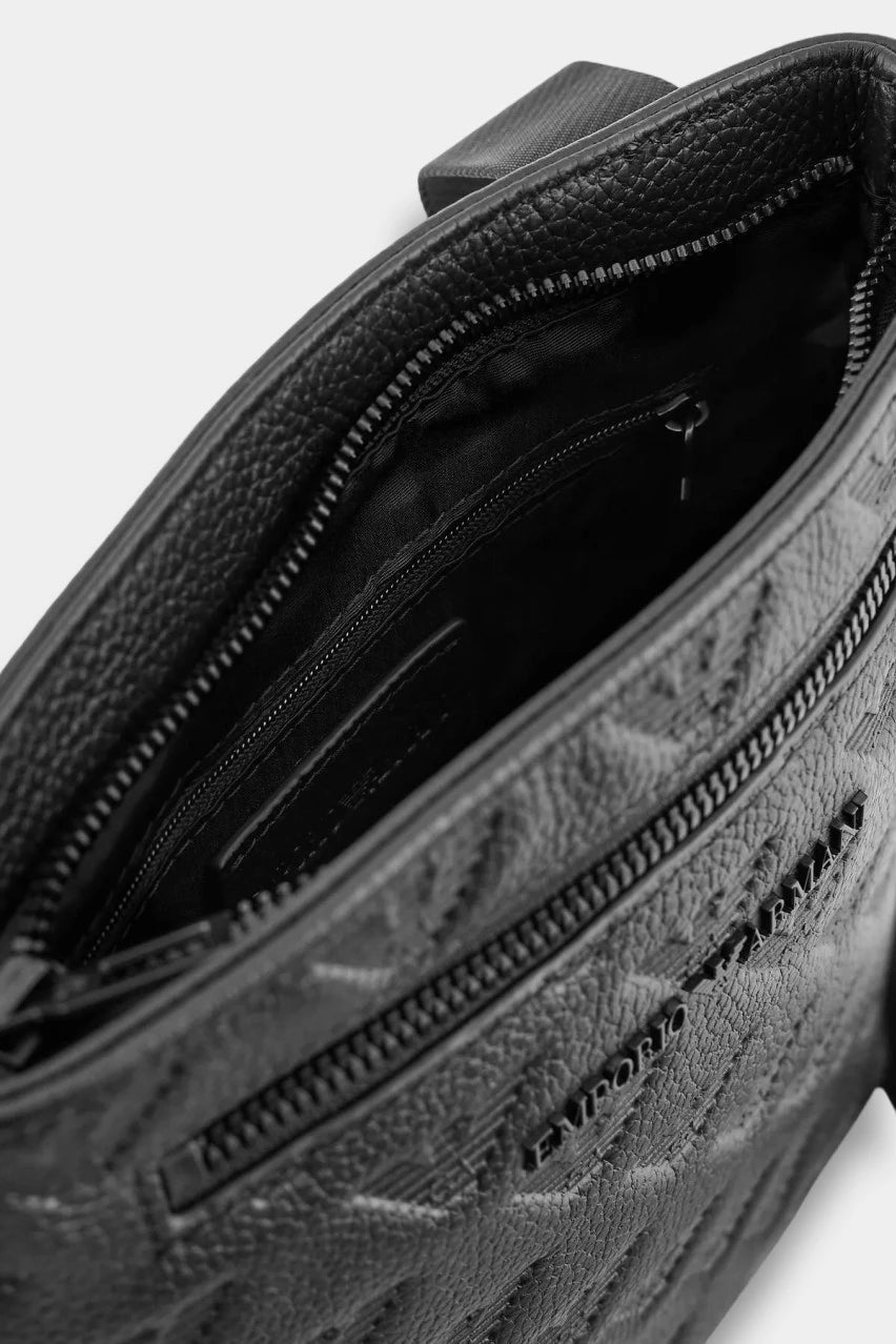 Black leather bag with an all-over embossed logo