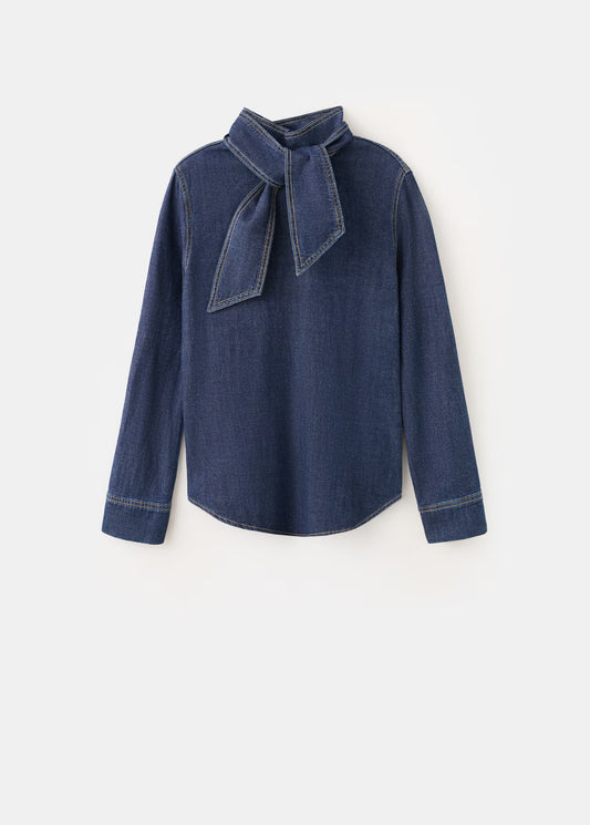 Denim shirt with tie fastening