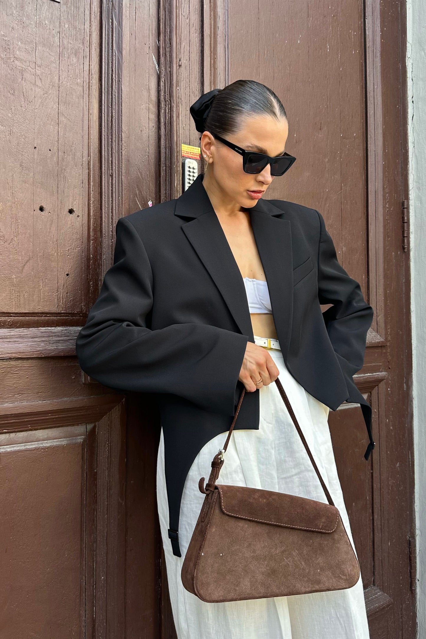 Cropped cotton jacket with garters