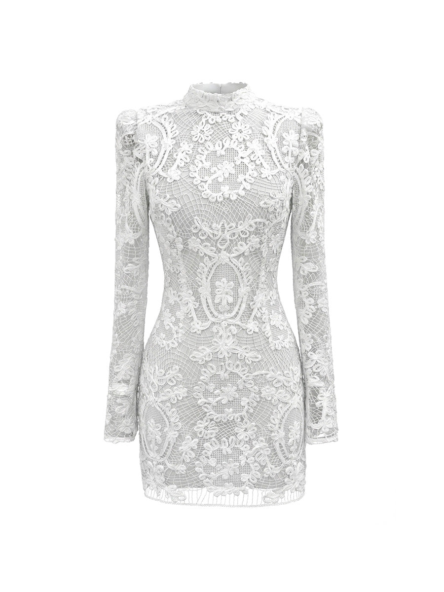 White lace mini dress with collar on  long sleeves