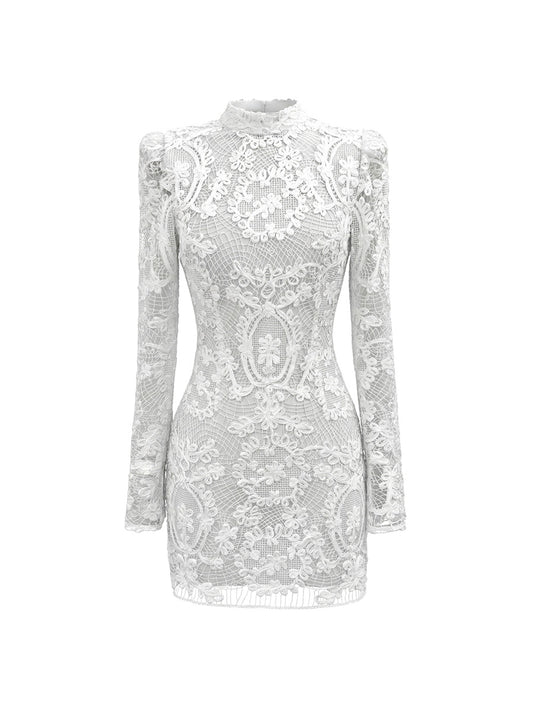 White lace mini dress with collar on  long sleeves