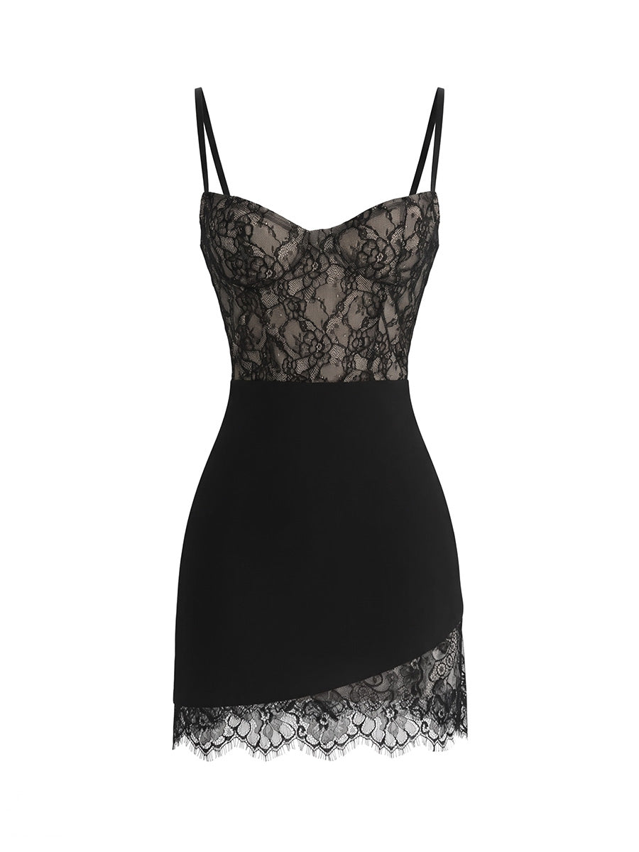 Black mini dress with diagonal lace