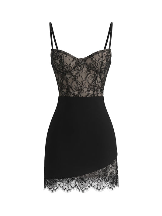 Black mini dress with diagonal lace