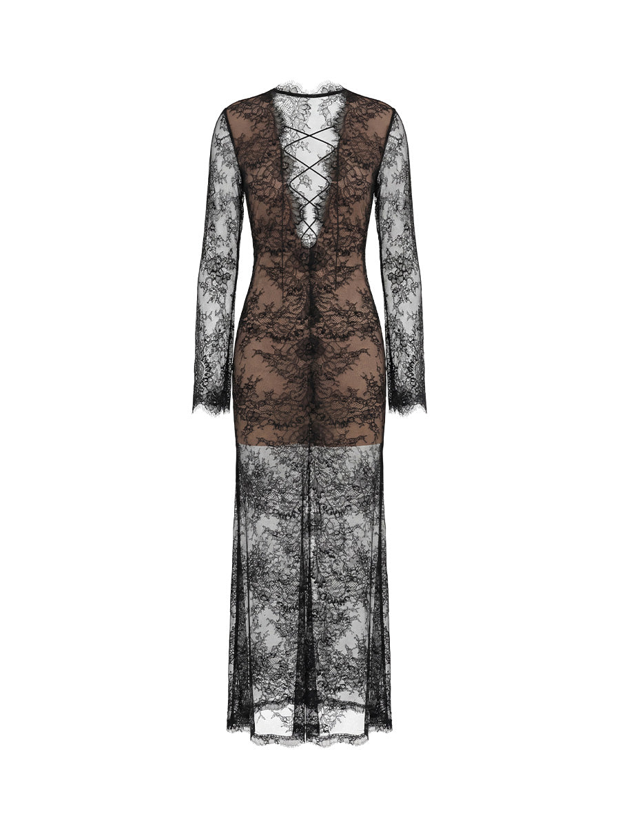 Black lace midi dress with lacing