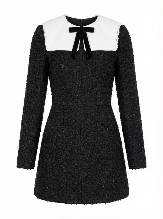 Black tweed mini dress with collar  and bow
