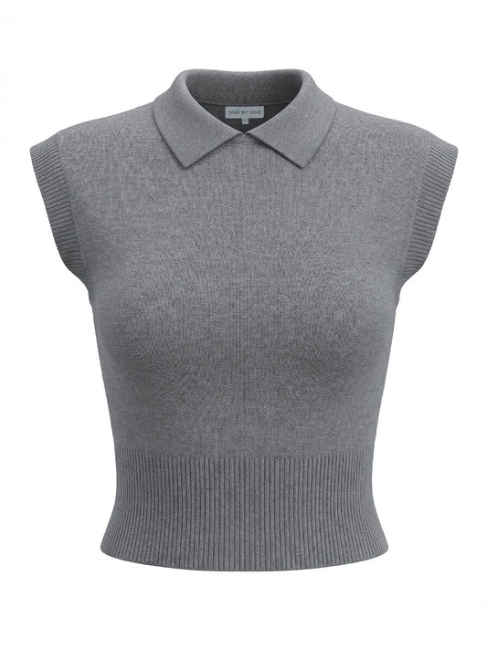 "Gray top with a collar, cropped on a  wide elastic band"