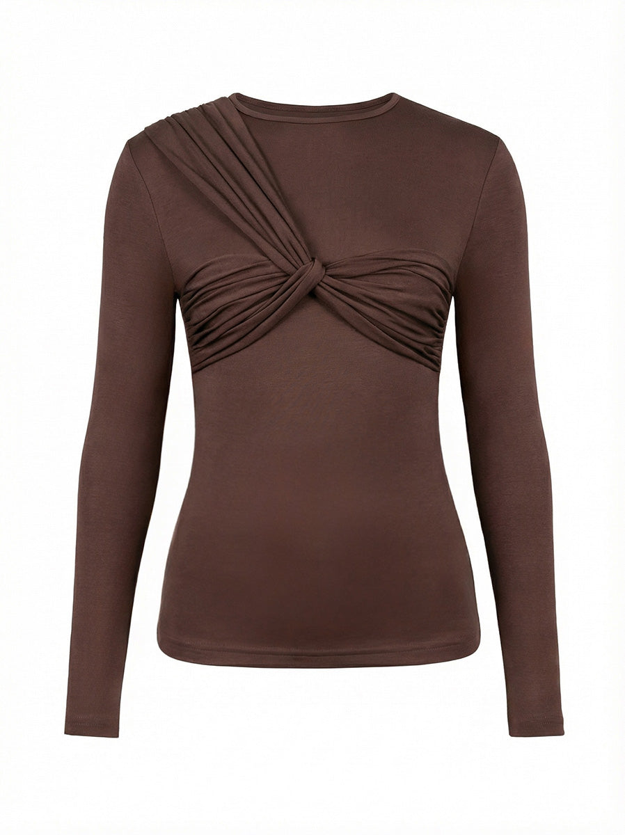 Brown long-sleeved shirt with drapery  on the chest