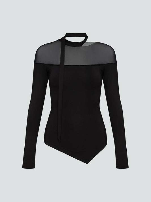 Black long-sleeved shirt with a ribbon  at the neck