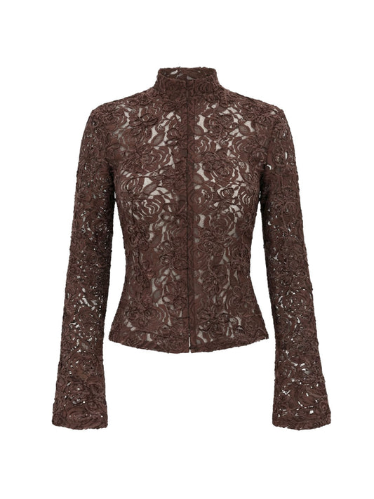 Brown long-sleeved shirt with  hook-and-eye fasteners