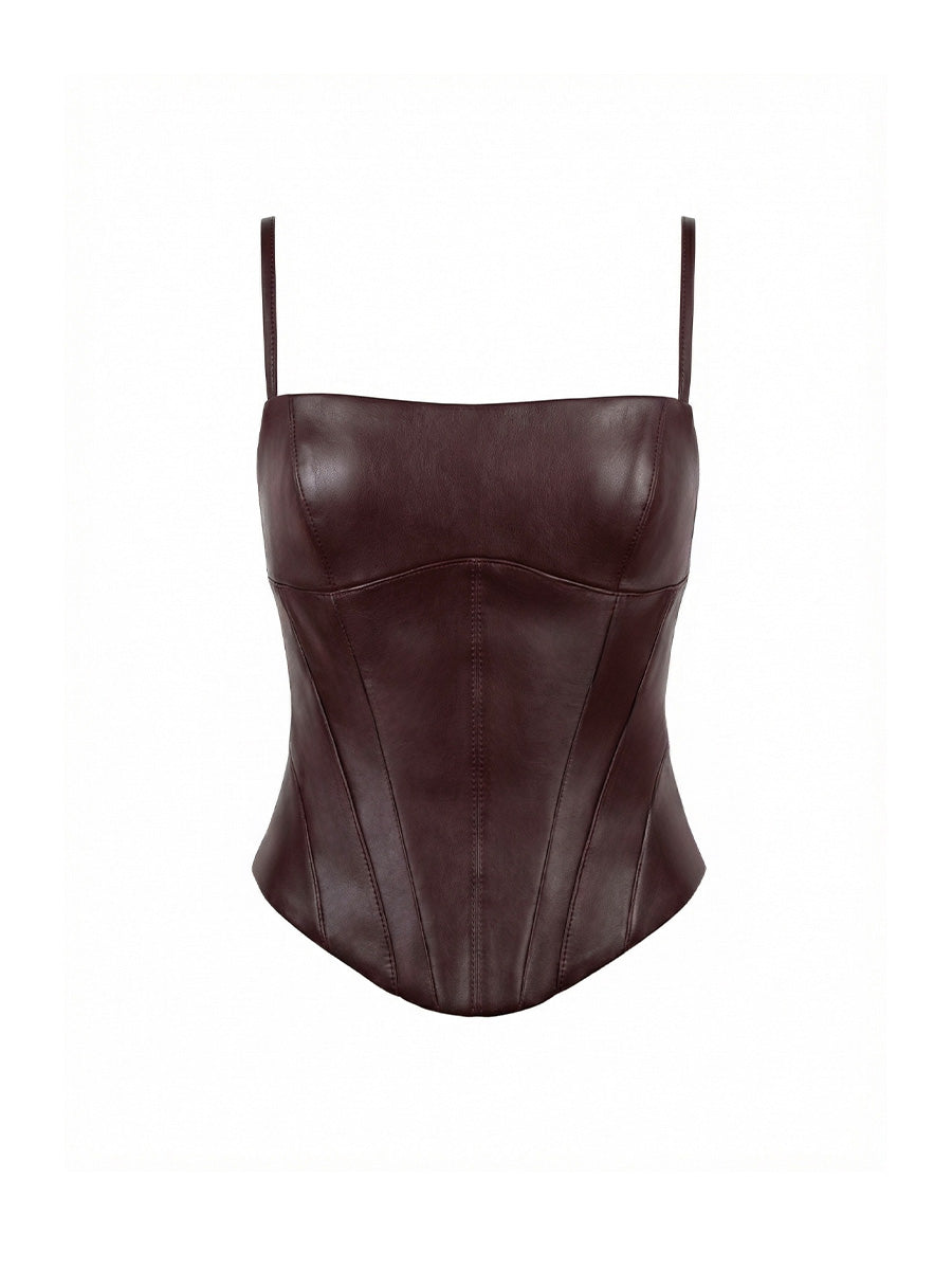 Burgundy corset made of eco-leather  with stitching