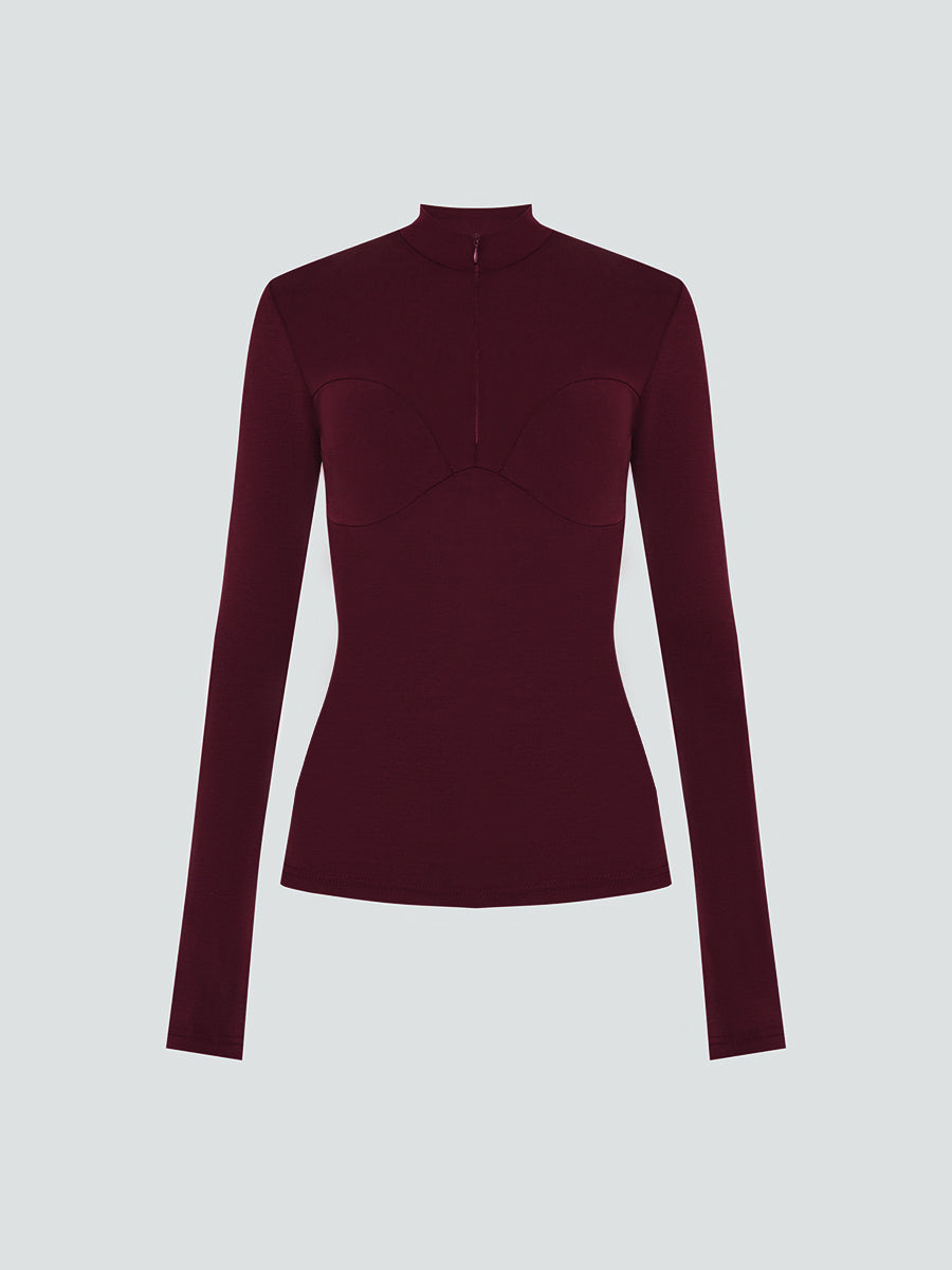 Burgundy long-sleeved shirt with zipper  and stand-up collar