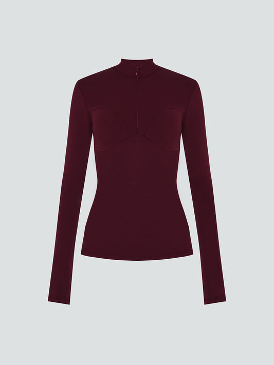 Burgundy long-sleeved shirt with zipper  and stand-up collar