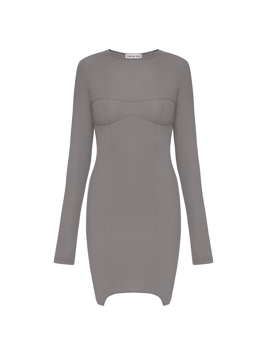 Grey mini dress with piercing detail and a shaped hem