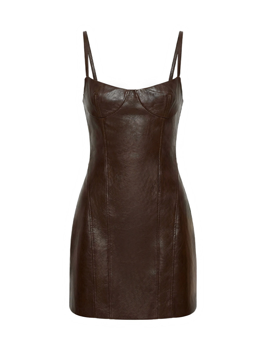 Brown eco-leather mini pinafore dress