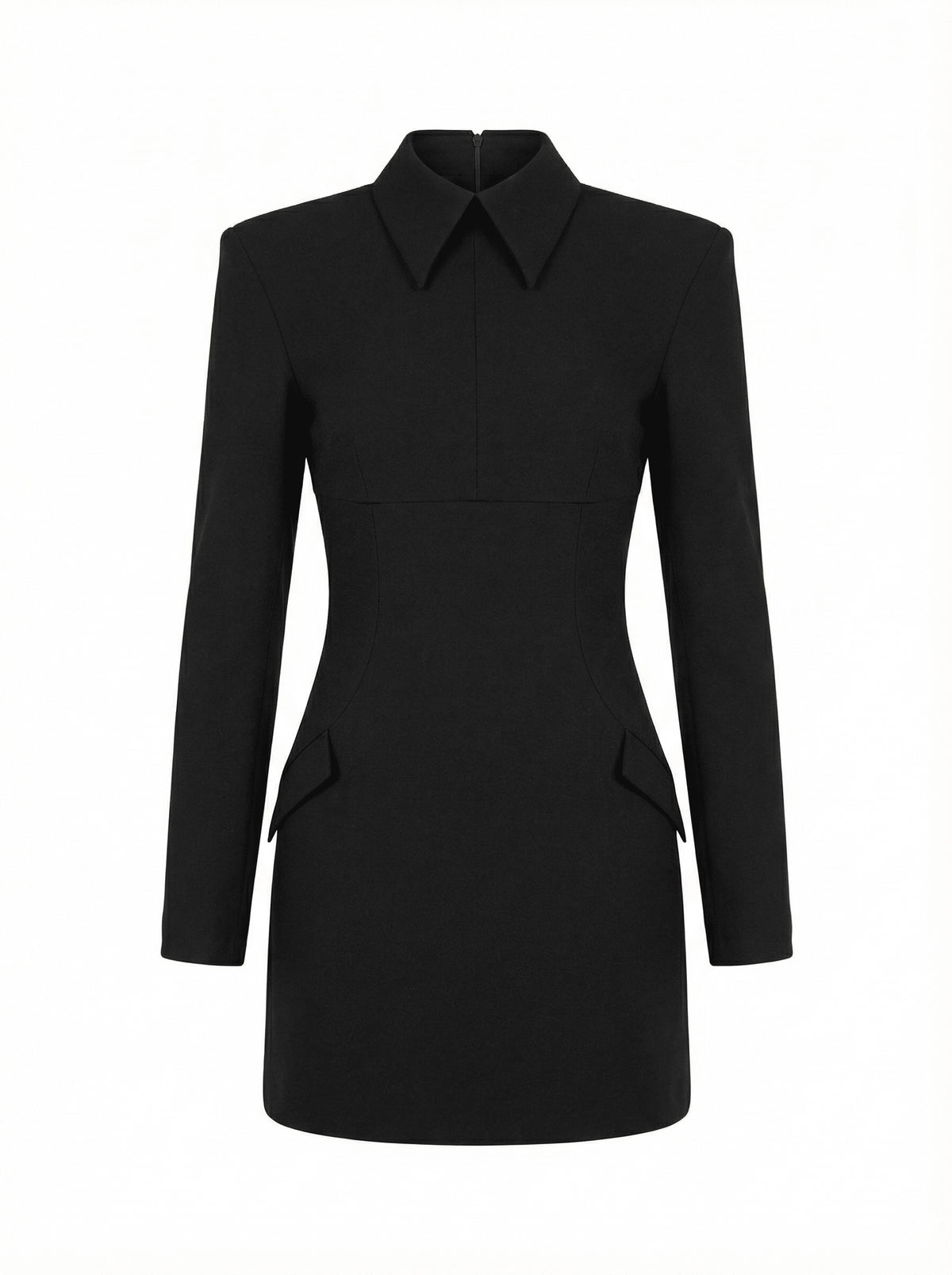 Black dress with a collar and shoulder pads.