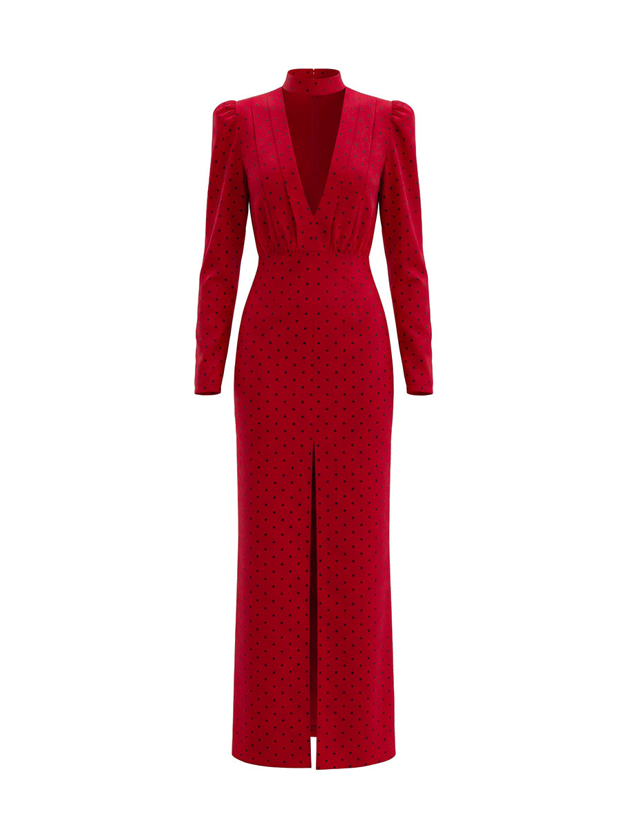 Red maxi dress with a deep neckline