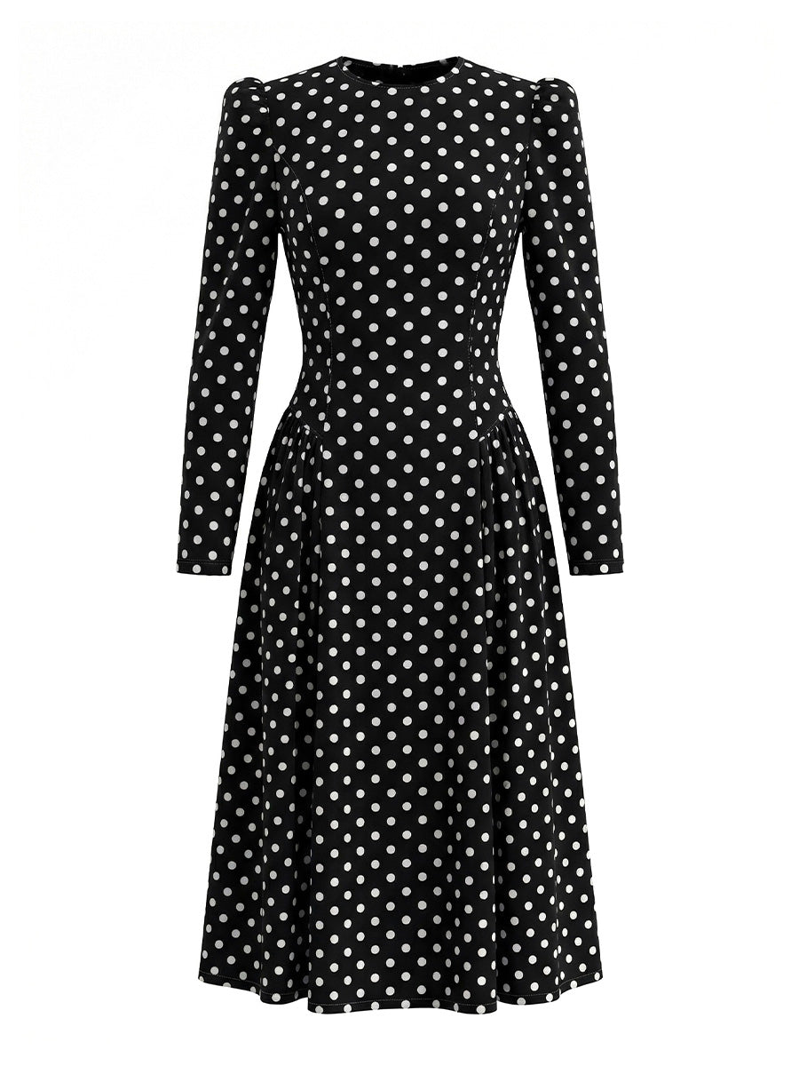 Black polka-dot midi dress with an open back