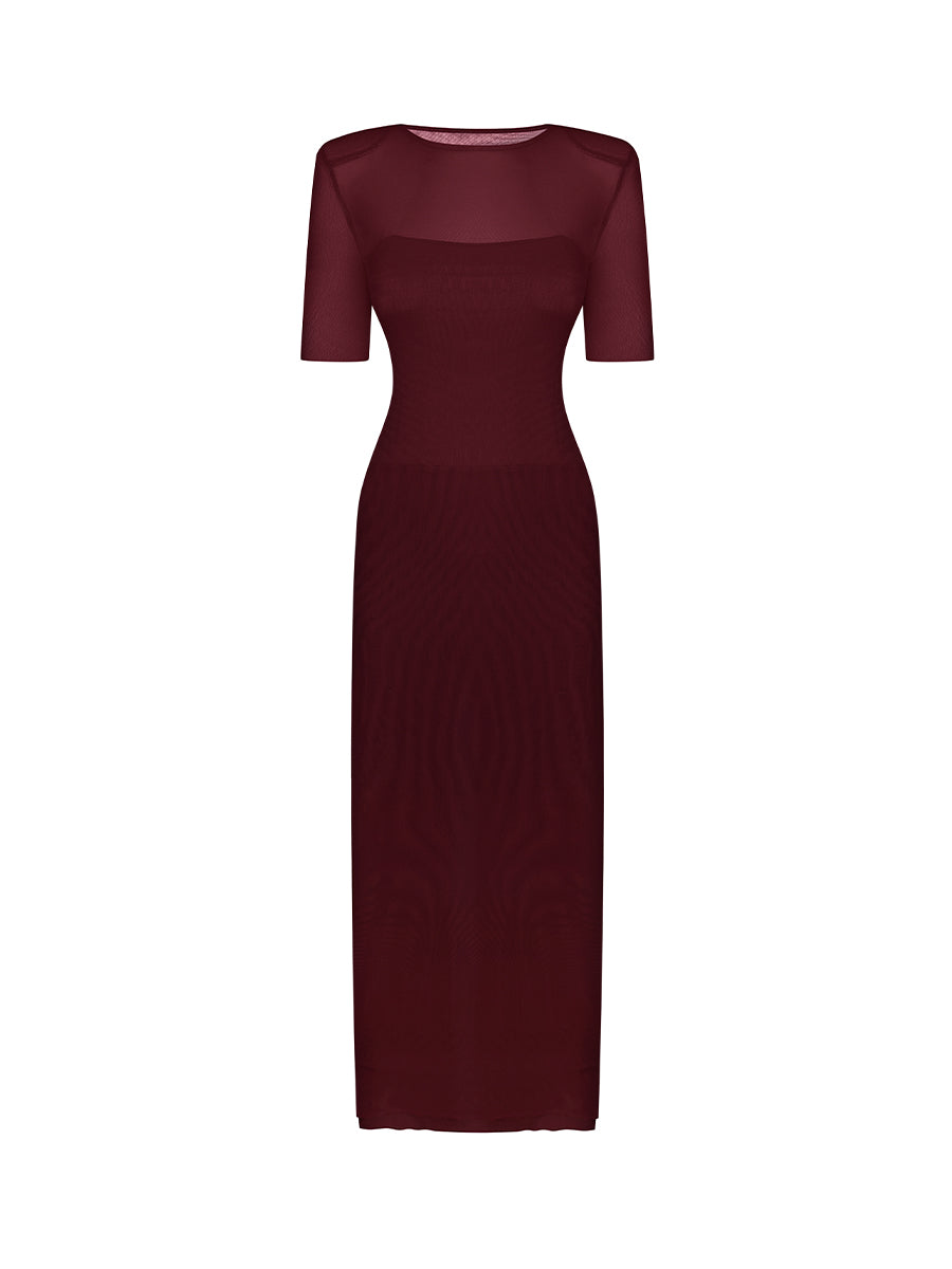 Burgundy short-sleeved mesh midi dress