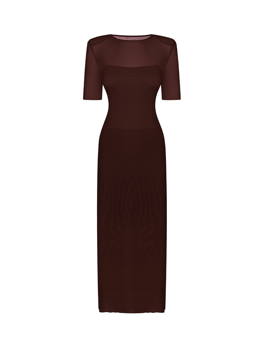Brown short-sleeved mesh midi dress
