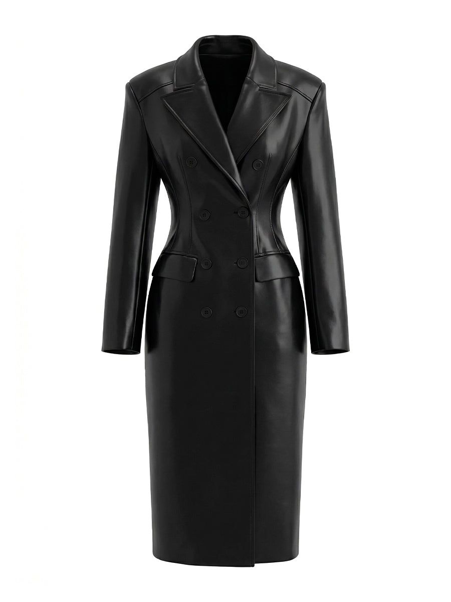 Black fitted eco-leather trench coat