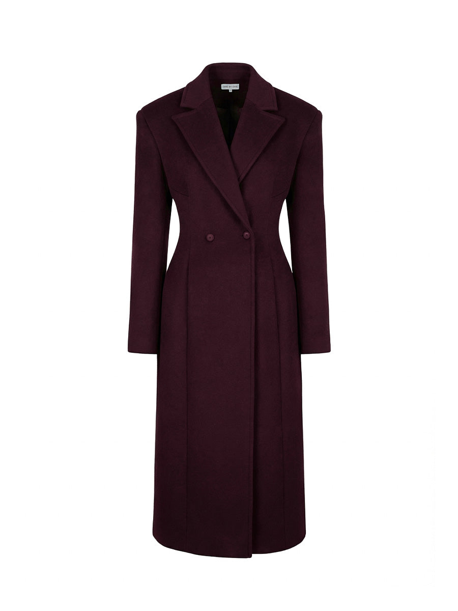 Double-breasted burgundy midi coat