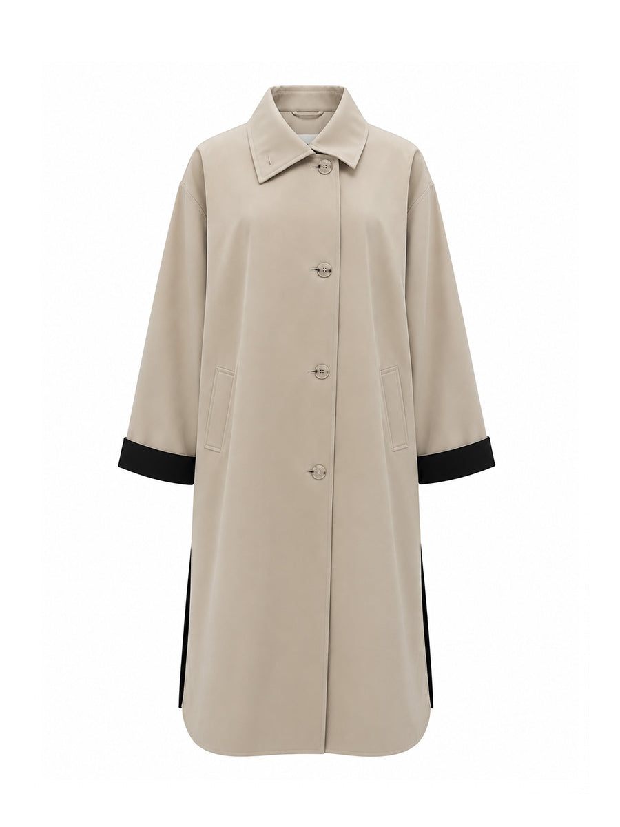 Beige loose-fit trench coat with a stand-up collar