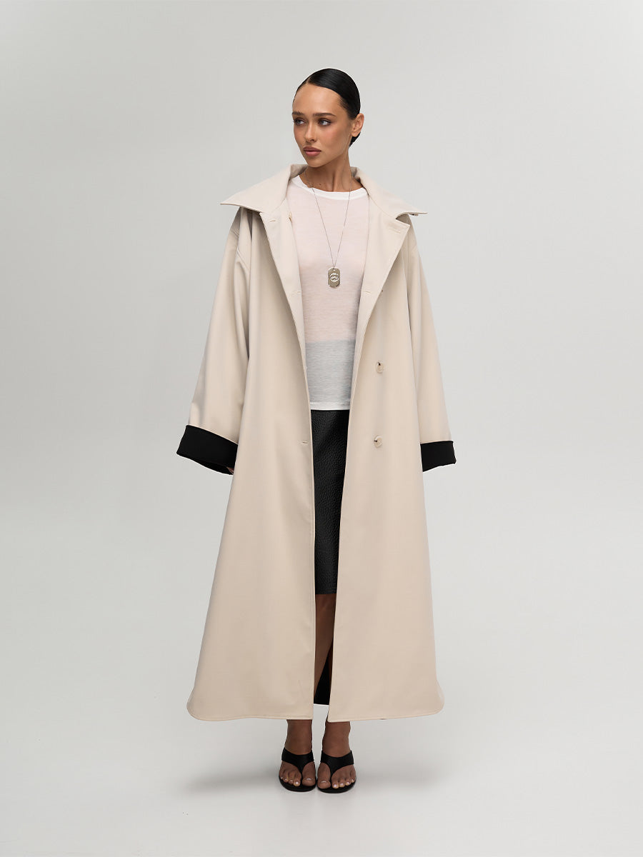 Beige loose-fit trench coat with a stand-up collar