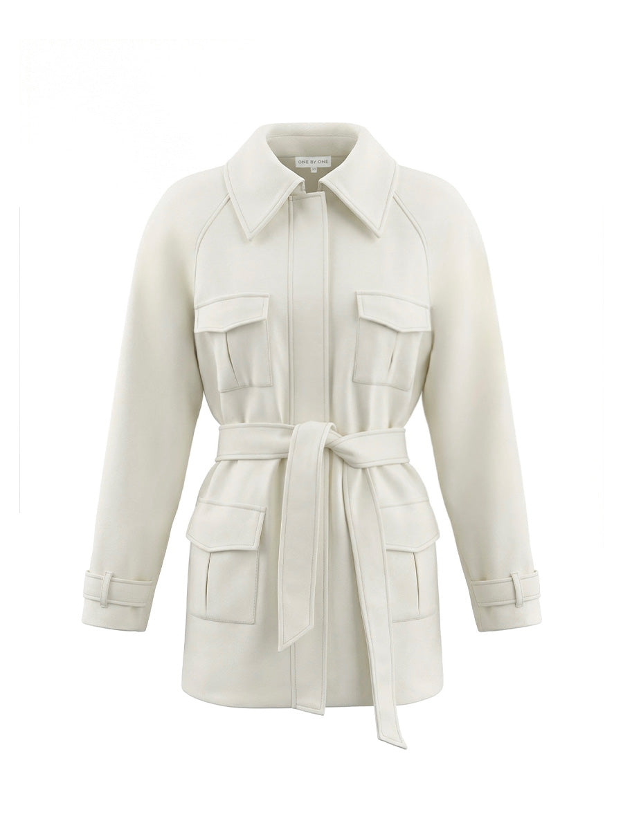 White coat with a belt and patch pockets
