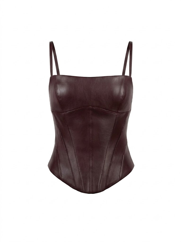 Burgundy eco-leather corset with topstitching