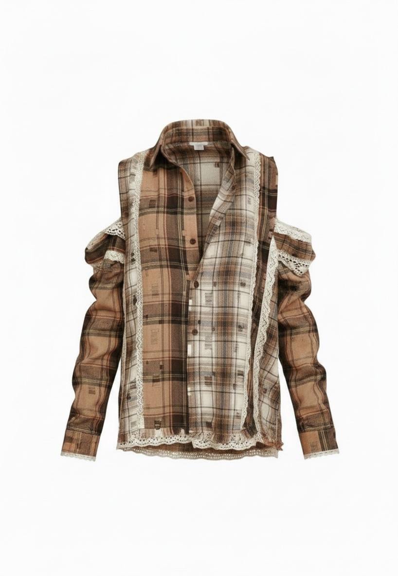 Extra flannel shirt with lace, brown-beige check