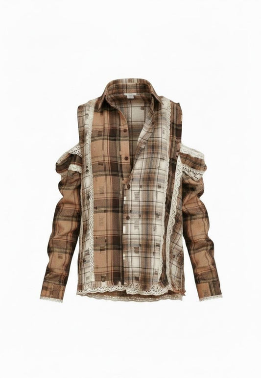 Extra flannel shirt with lace, brown-beige check