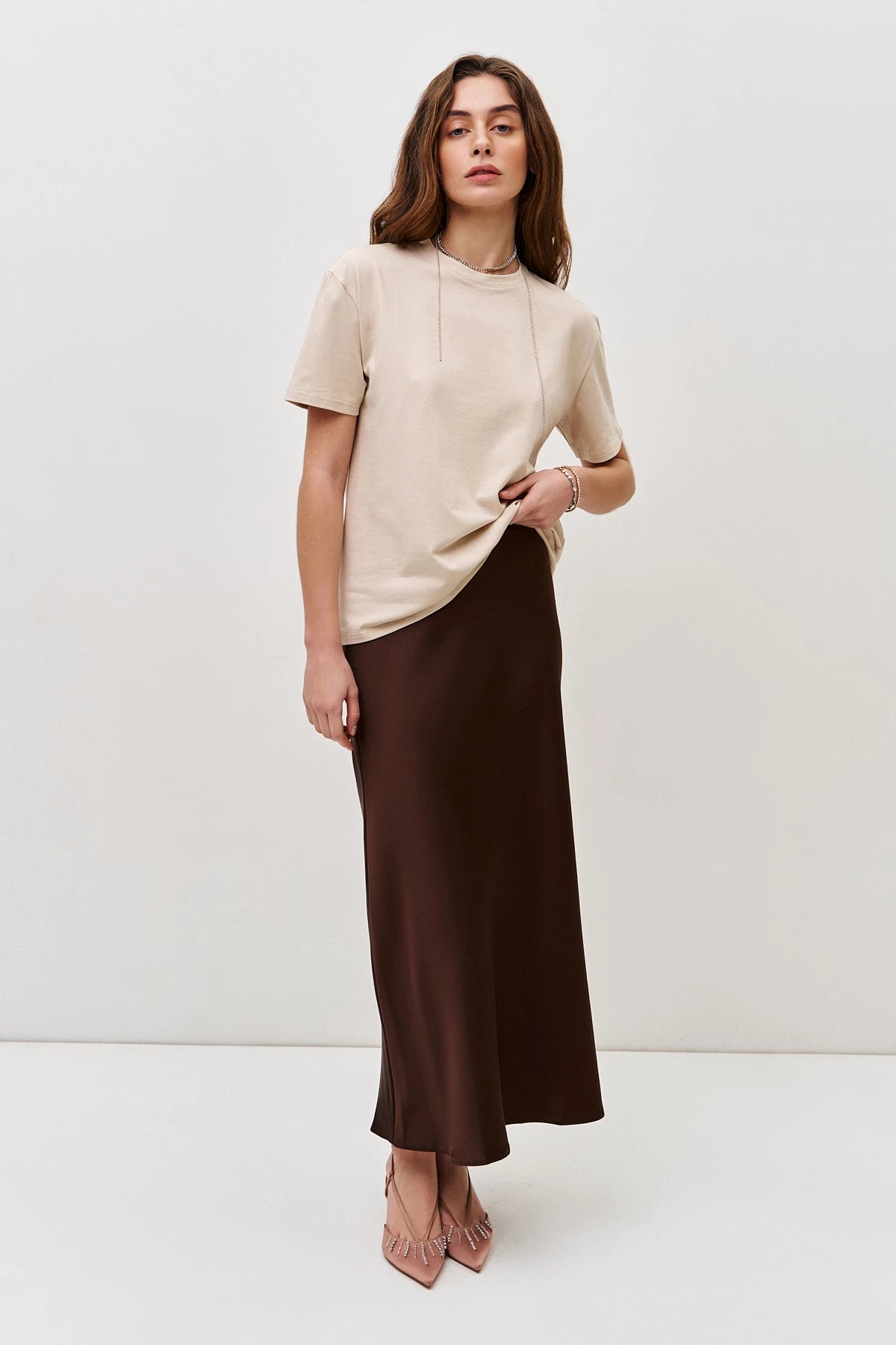 Chocolate long midi skirt made of thick satin