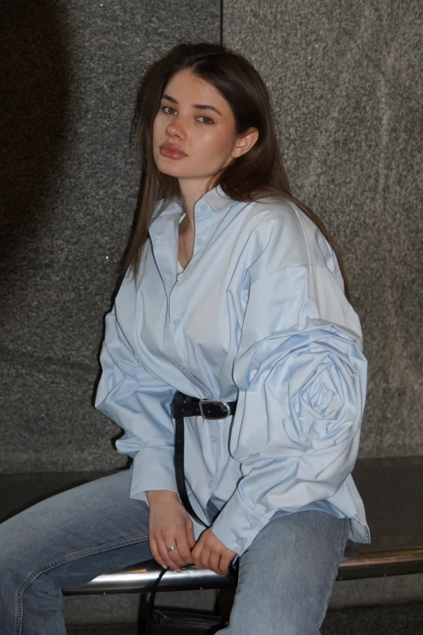 Rose blue shirt with decorated sleeves